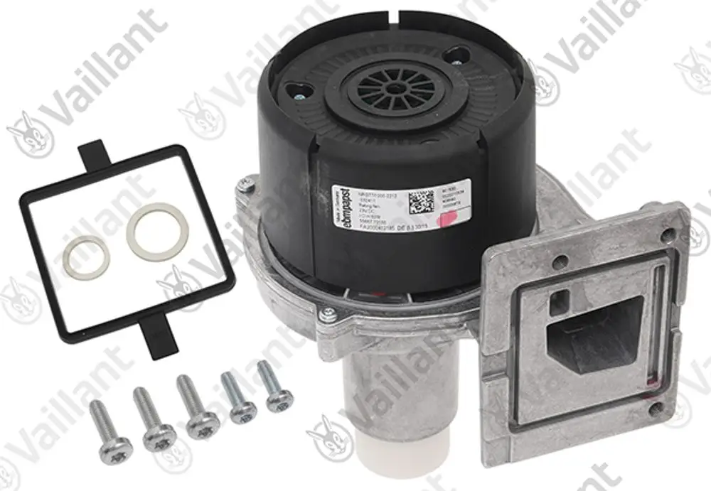 Vaillant Gebläse mit Montagesatz, inklusive Dichtungen und Schrauben, in freundlichen Farben und kompakter Bauform für Heizungsanwendungen.